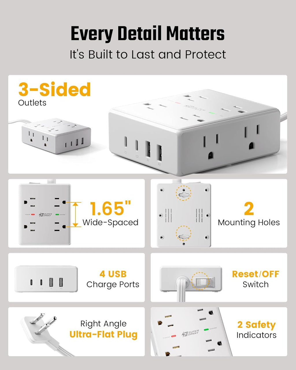 Extension Cord,Flat Plug Surge Protector Power Strip,10Ft | 8 AC & 4 USB Ports