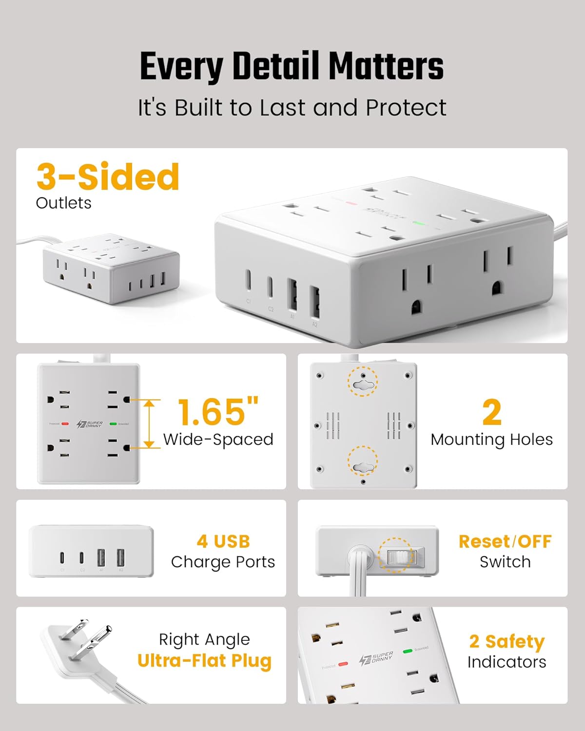 Extension Cord,Flat Plug Surge Protector Power Strip,10Ft | 8 AC & 4 USB Ports
