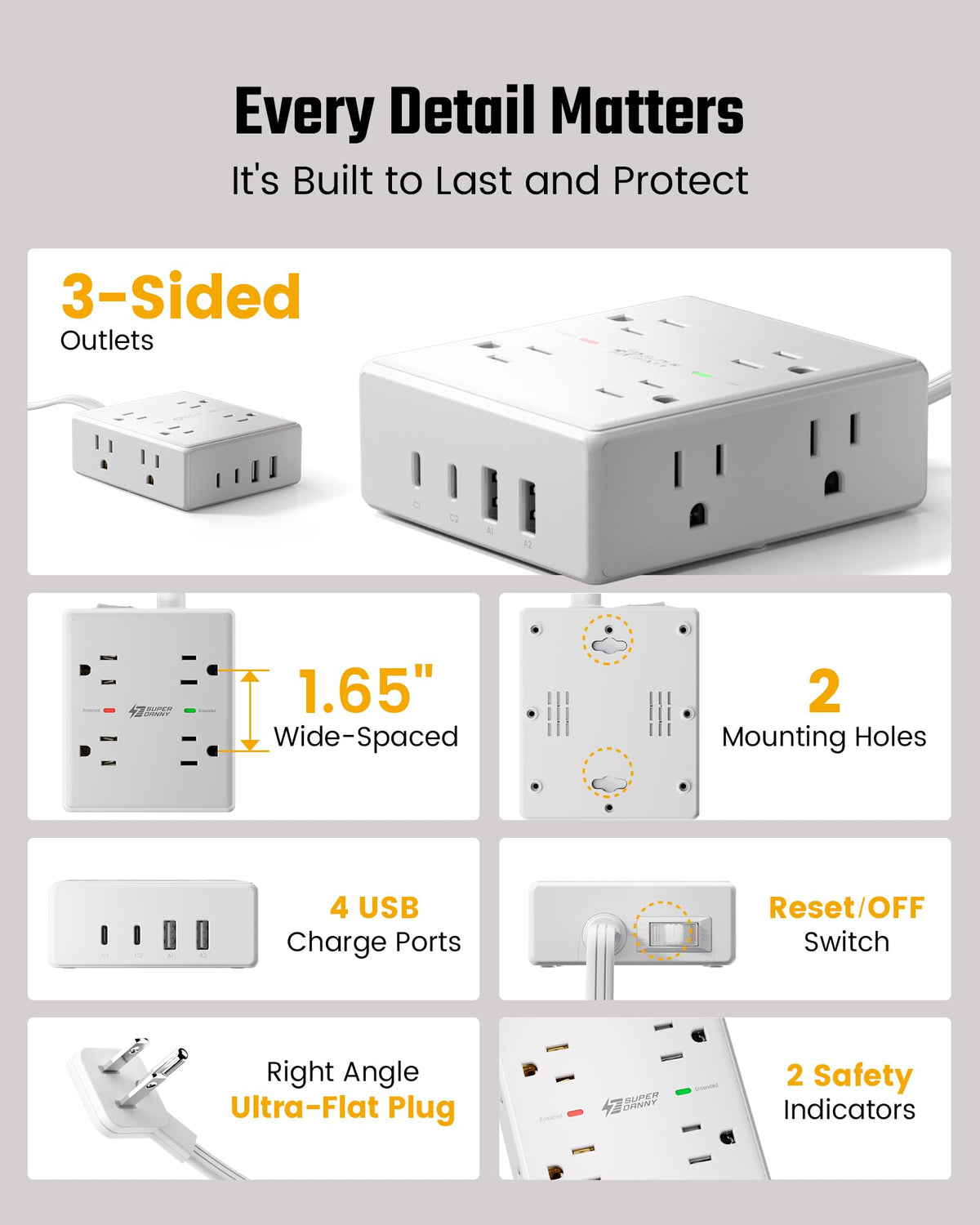 Extension Cord,Flat Plug Surge Protector Power Strip,10Ft | 8 AC & 4 USB Ports