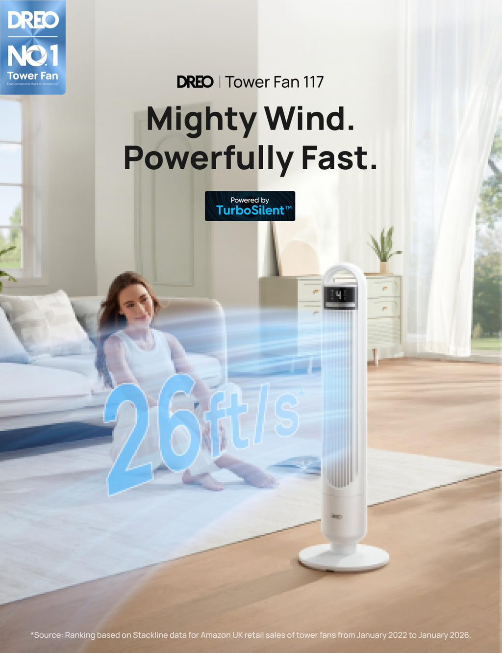 DREO Tower Fan for Bedroom, 25ft/s Velocity, 28dB Ultra Quiet, 4 Speeds