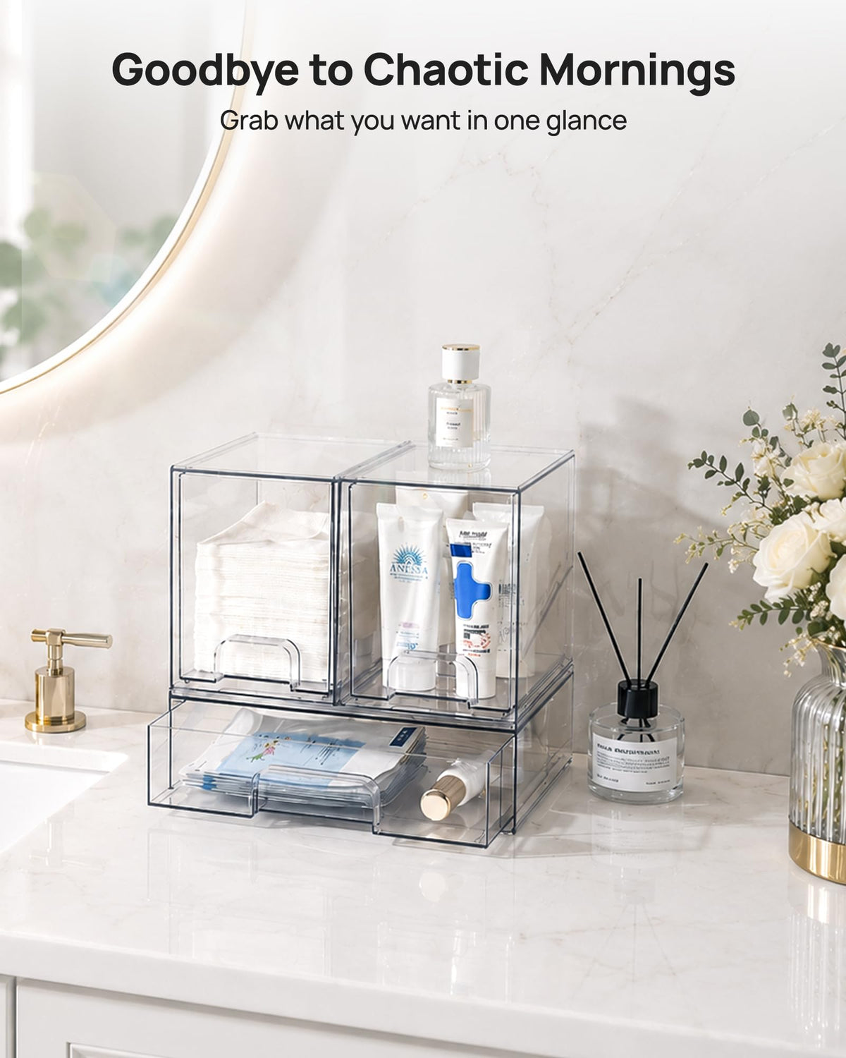 Clear Stackable Storage Drawers Set of 5, Plastic Organizer Bins |