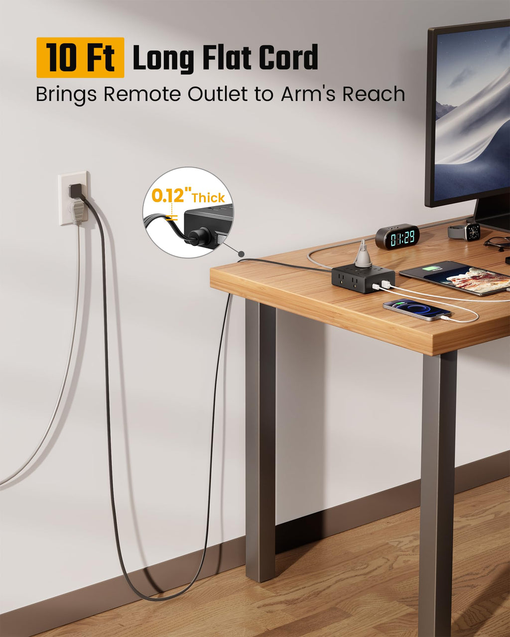 Extension Cord,Flat Plug Surge Protector Power Strip,10Ft | 8 AC & 4 USB Ports