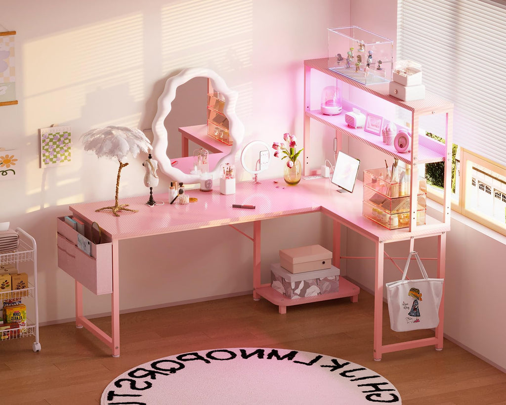 L Shaped Desk Gaming Desk with LED Light & Power Outlet | 53 Inch Home Office