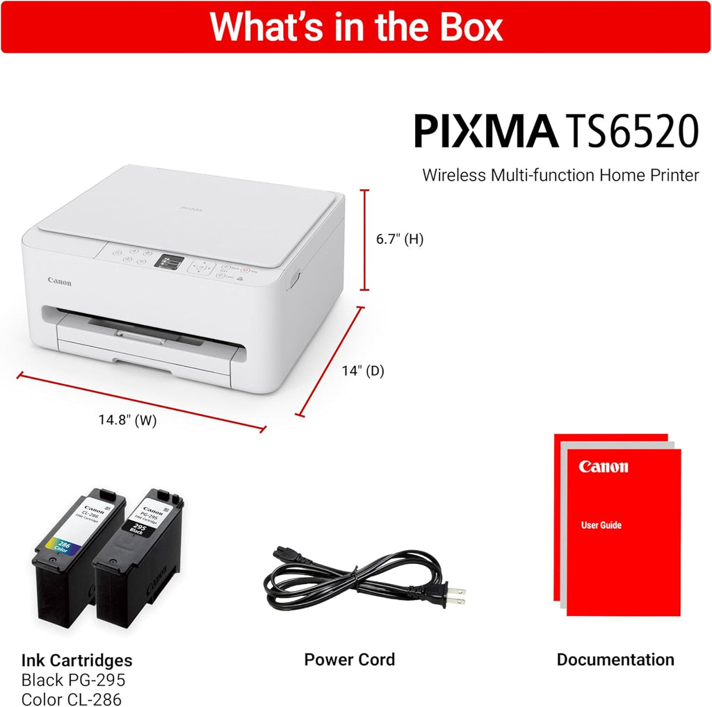 PIXMA TS6520 printer with ink cartridges, power cord, and user guide on a white background