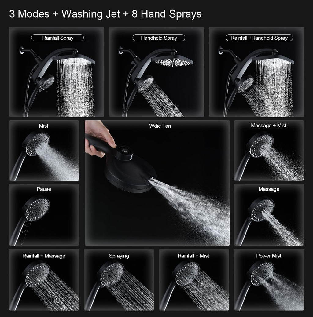 Shower Head with Rainfall Patter | Handheld Showerhead | Black | 1.8GPM
