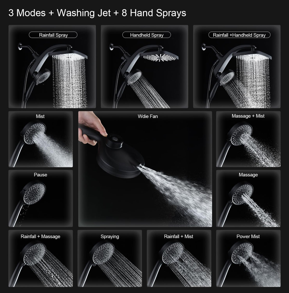 Shower head with various spray modes displayed on a black background