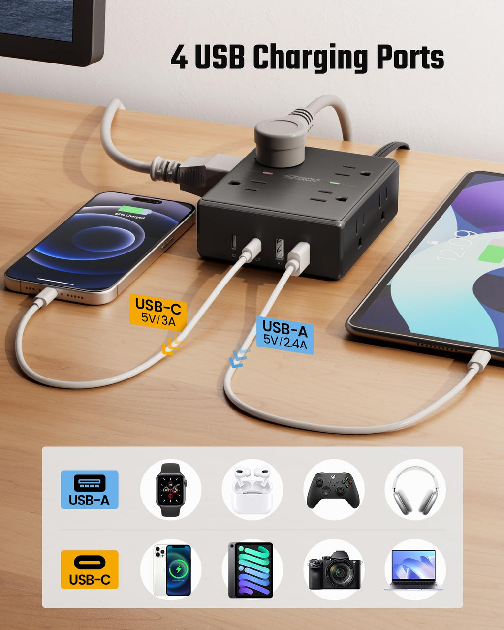 Extension Cord,Flat Plug Surge Protector Power Strip,10Ft | 8 AC & 4 USB Ports