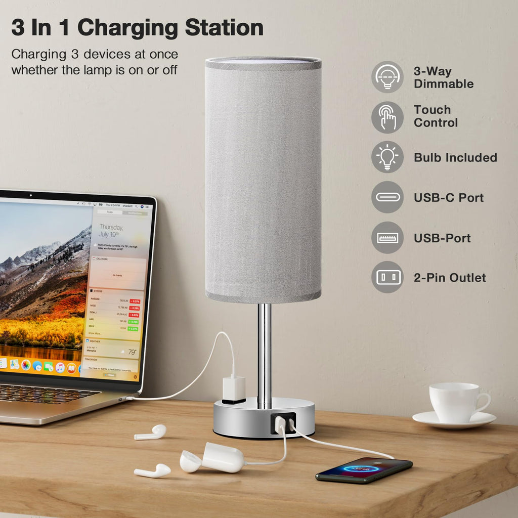 Bedside Table Lamp - Dimmable Touch, Wood-Grain Metal Base
