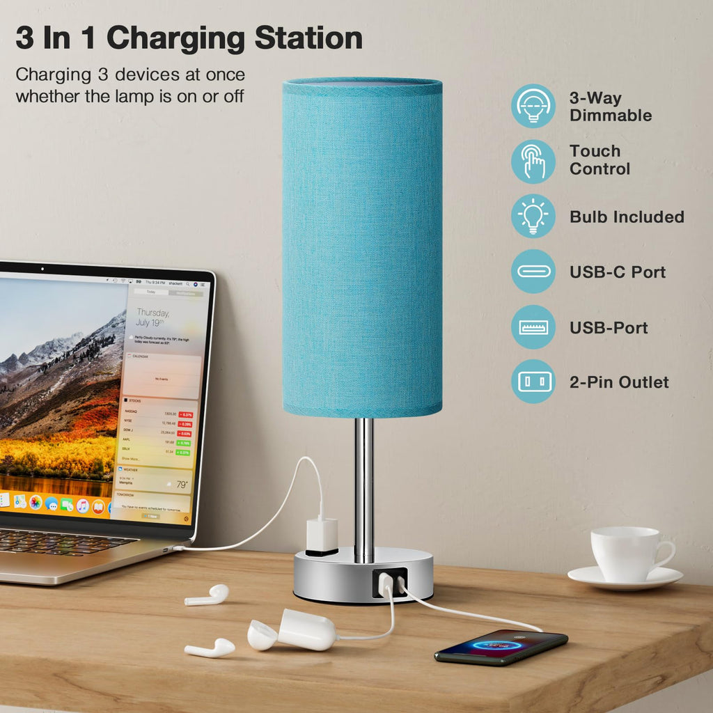 Bedside Table Lamp - Dimmable Touch, Wood-Grain Metal Base