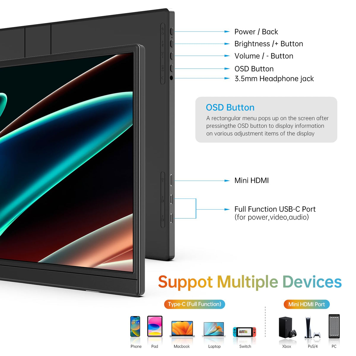 ForHelp 15.6inch Portable Monitor,1080P USB-C HDMI Second External Monitor for Laptop,PC,Mac Phone,PS,Xbox,Swich,IPS Ultra-Thin Zero Frame Gaming Display/Premium Smart Cover