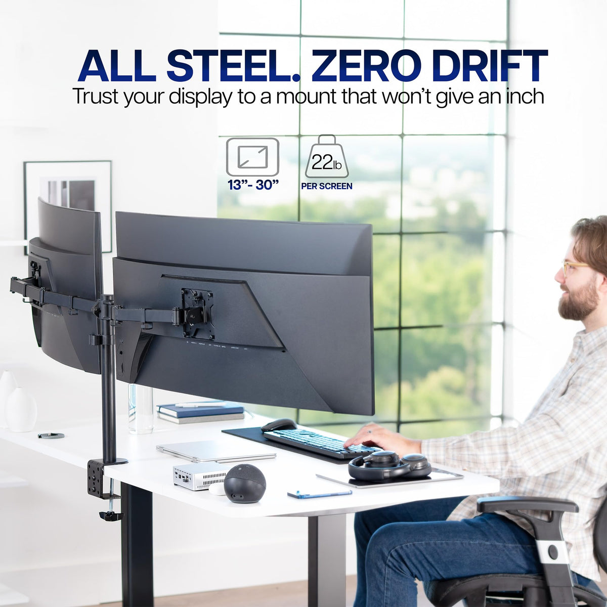 Dual Monitor Desk Mount, Holds 2 Computer Screens up to 30 inches