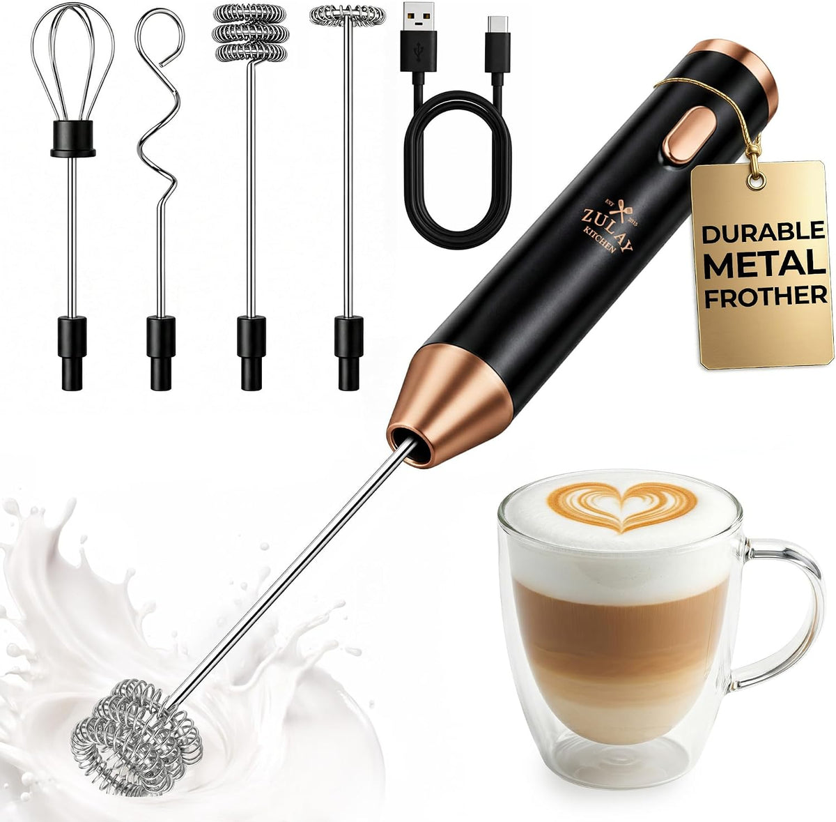Zulay Kitchen Rechargeable Milk Frother Handheld - Frother Wand, Drink Mixer, Electric Whisk Frother, for Cappuccinos, Matcha & Protein Powder - Dynamic 3 Whisk, 3 Speed 500mAh Black