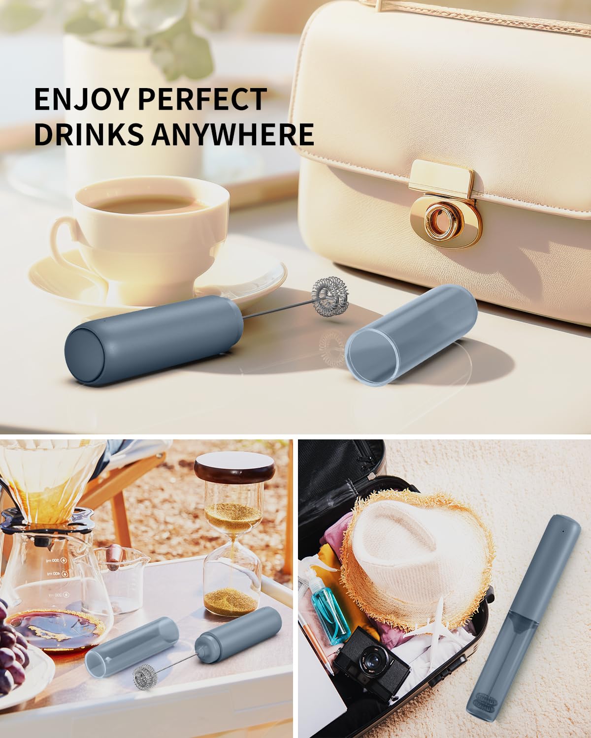 CIRCLE JOY Rechargeable Milk Frother Handheld, Dual Coil Whisk Head Electric Coffee Frother, Portable Hand Frother Wand Drink Mixer for Matcha Lattes Cappuccino, Kitchen Gifts, Black