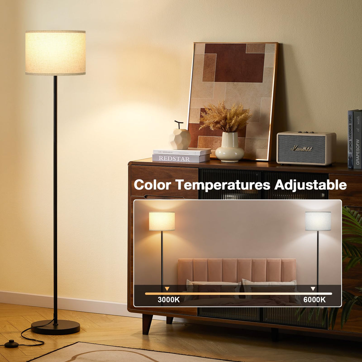 Modern Floor Lamp Simple Design with White Shade & Foot Pedal Switch