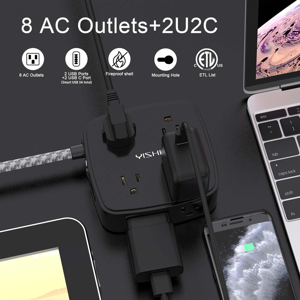 YISHU 6Ft Surge Protector Power Strip with 8 Widely Outlets & 4 USB Ports