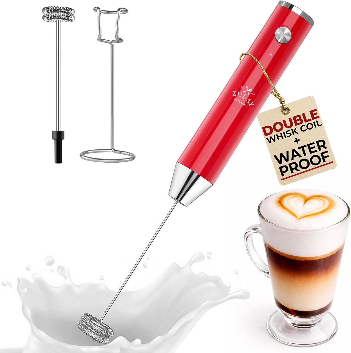 Zulay Kitchen Rechargeable Milk Frother Handheld - Frother Wand, Drink Mixer, Electric Whisk Frother, for Cappuccinos, Matcha & Protein Powder - Dynamic 3 Whisk, 3 Speed 500mAh Black