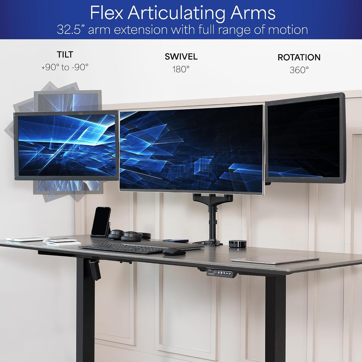 Triple Pneumatic Monitor Mount for 3 Screens up to 32 inches,