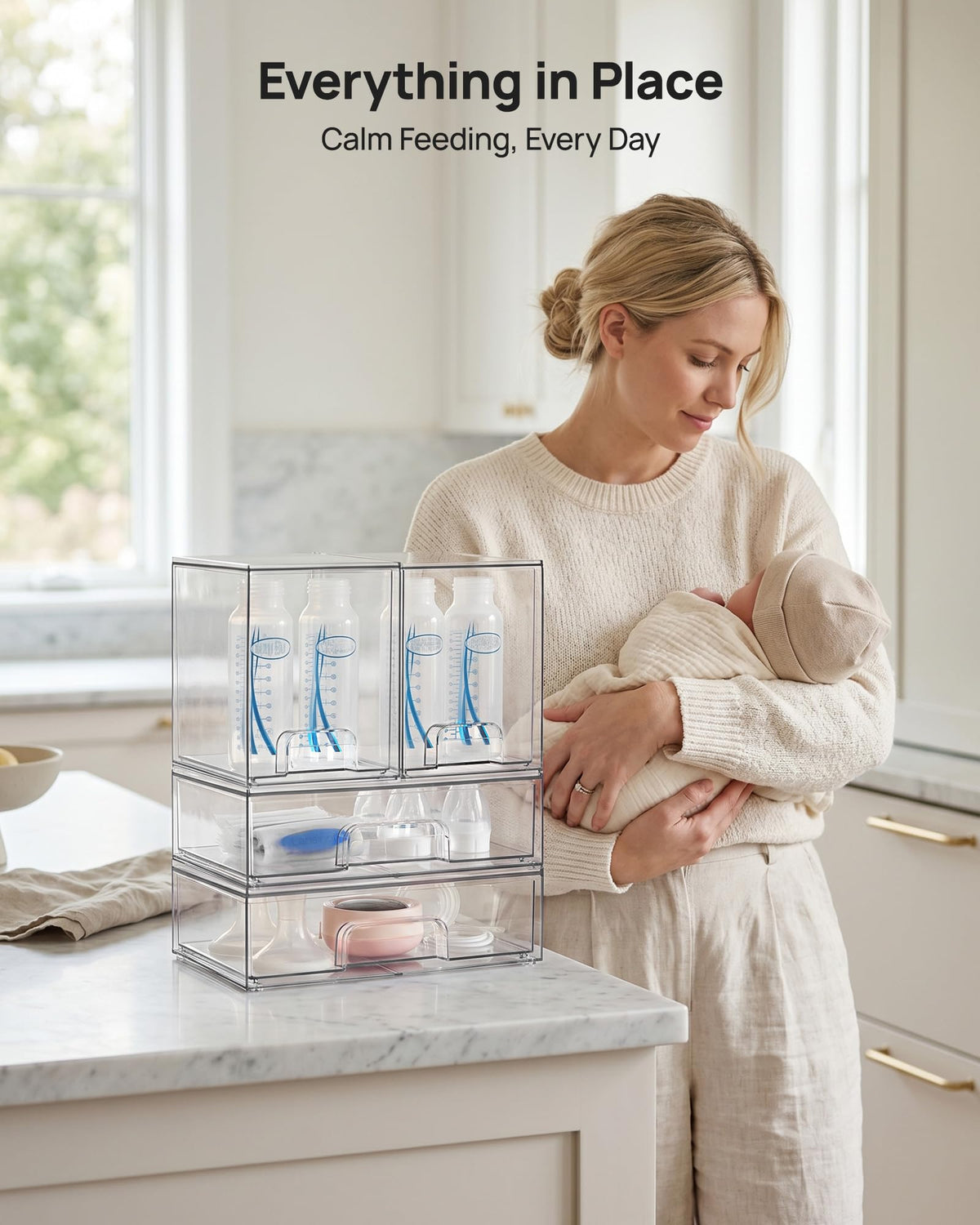 Clear Stackable Storage Drawers Set of 5, Plastic Organizer Bins |