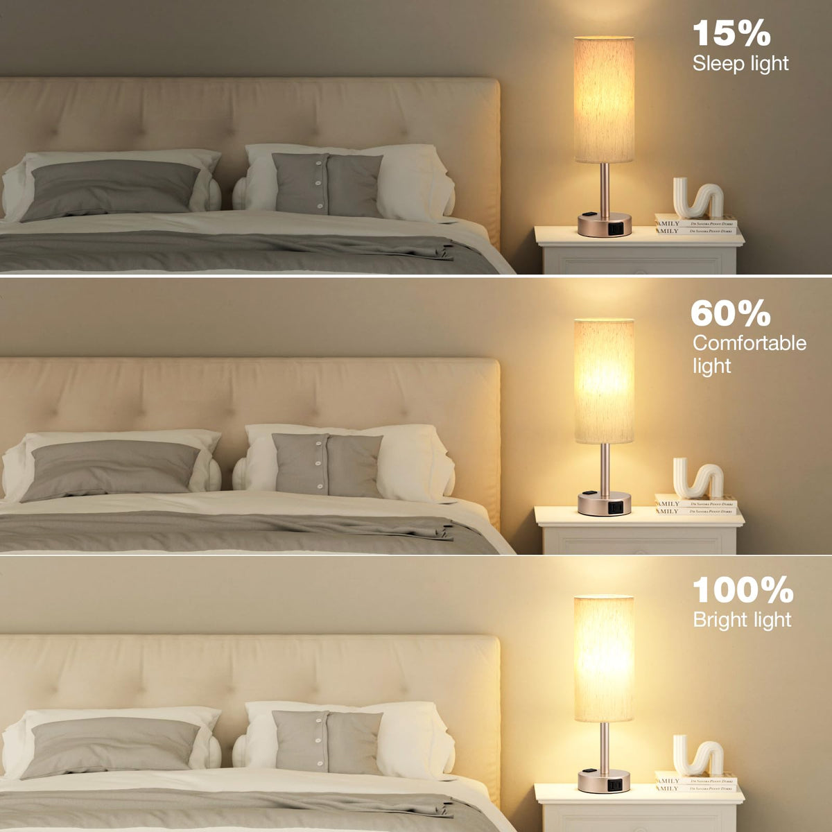 Bedside Table Lamp - Dimmable Touch, Wood-Grain Metal Base