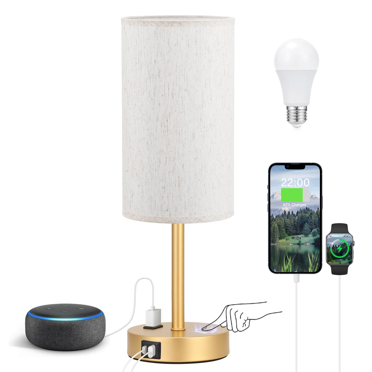 Bedside Table Lamp - Dimmable Touch, Wood-Grain Metal Base