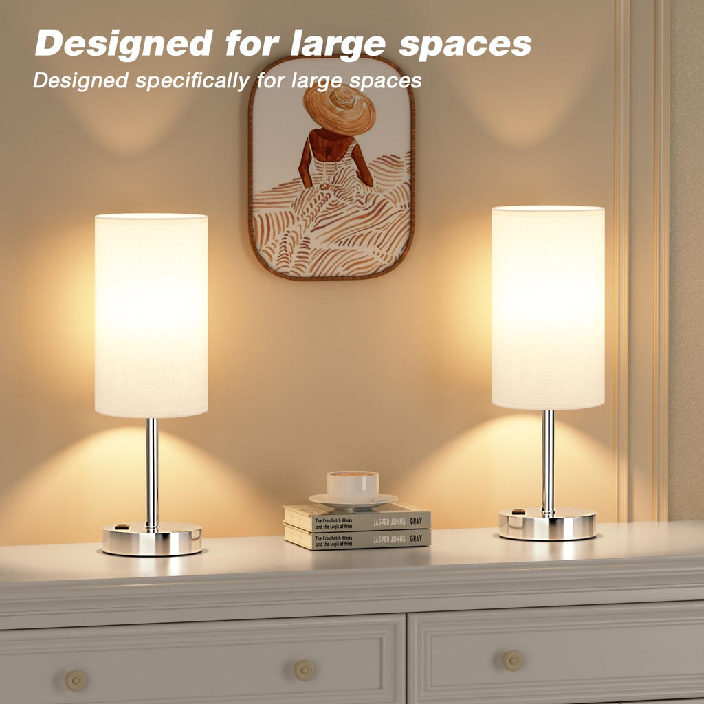 Bedside Table Lamp - Dimmable Touch, Wood-Grain Metal Base
