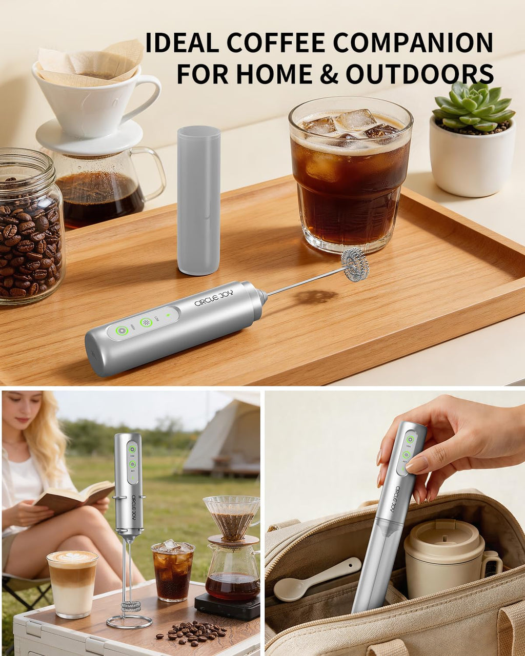 CIRCLE JOY Rechargeable Milk Frother Handheld, Dual Coil Whisk Head Electric Coffee Frother, Portable Hand Frother Wand Drink Mixer for Matcha Lattes Cappuccino, Kitchen Gifts, Black