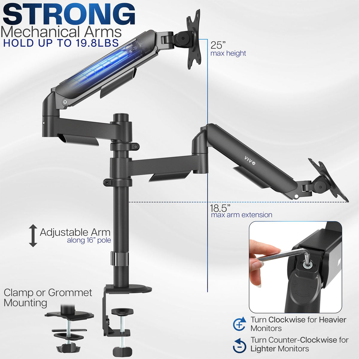 Triple Pneumatic Monitor Mount for 3 Screens up to 32 inches,