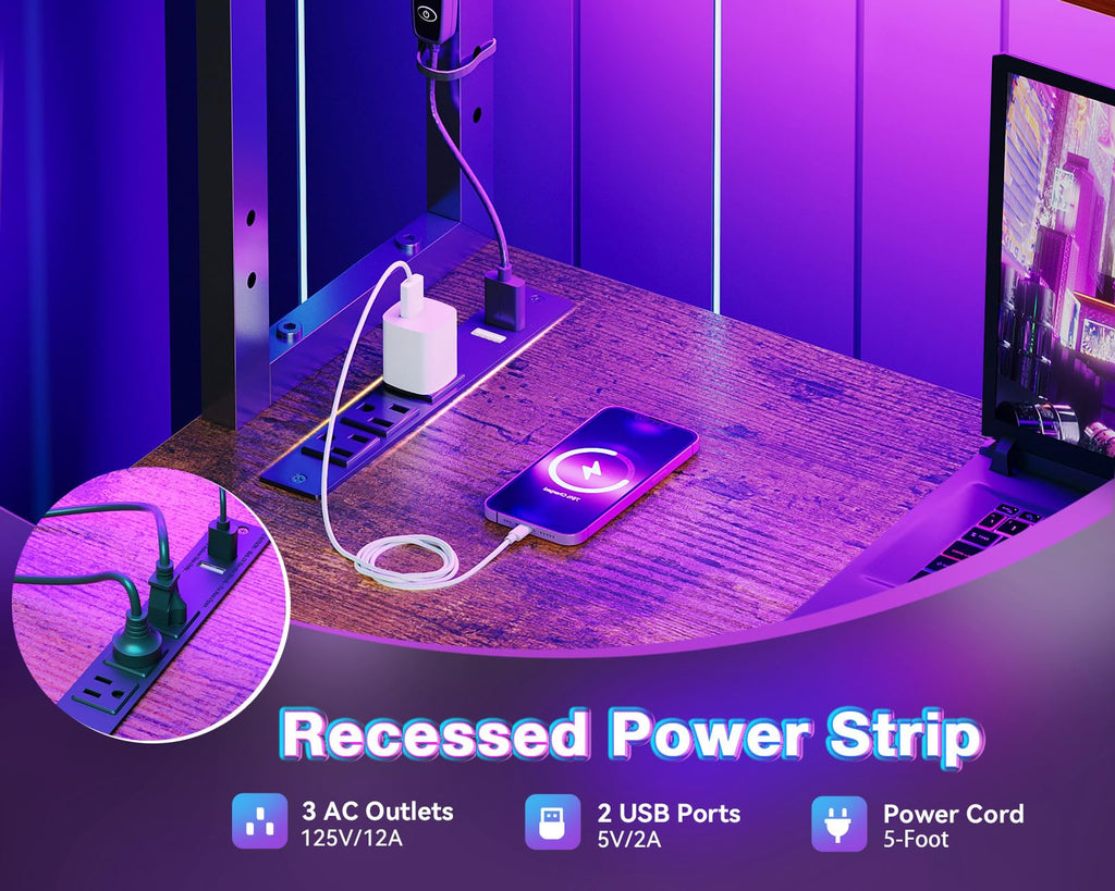 L Shaped Desk Gaming Desk with LED Light & Power Outlet | 53 Inch Home Office