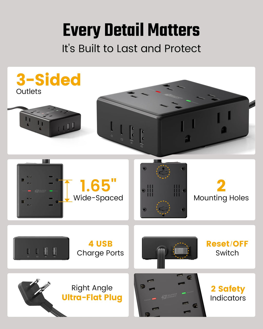 Extension Cord,Flat Plug Surge Protector Power Strip,10Ft | 8 AC & 4 USB Ports