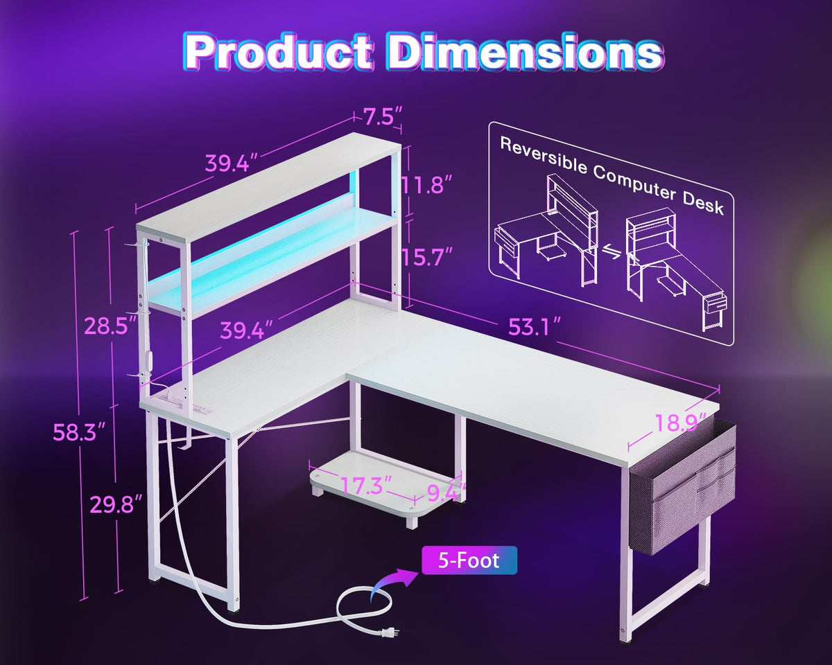L Shaped Desk Gaming Desk with LED Light & Power Outlet | 53 Inch Home Office