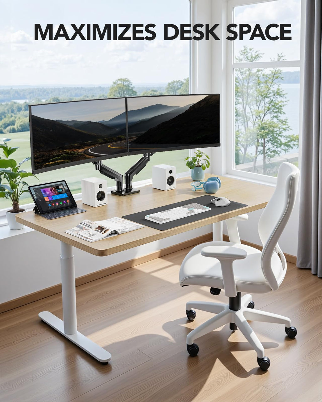 FlowLift™ Dual Monitor Stand, Fully Adjustable Gaming Desk Mount 13–32″ Screens,Each Arm Holds up to 19.8 lbs
