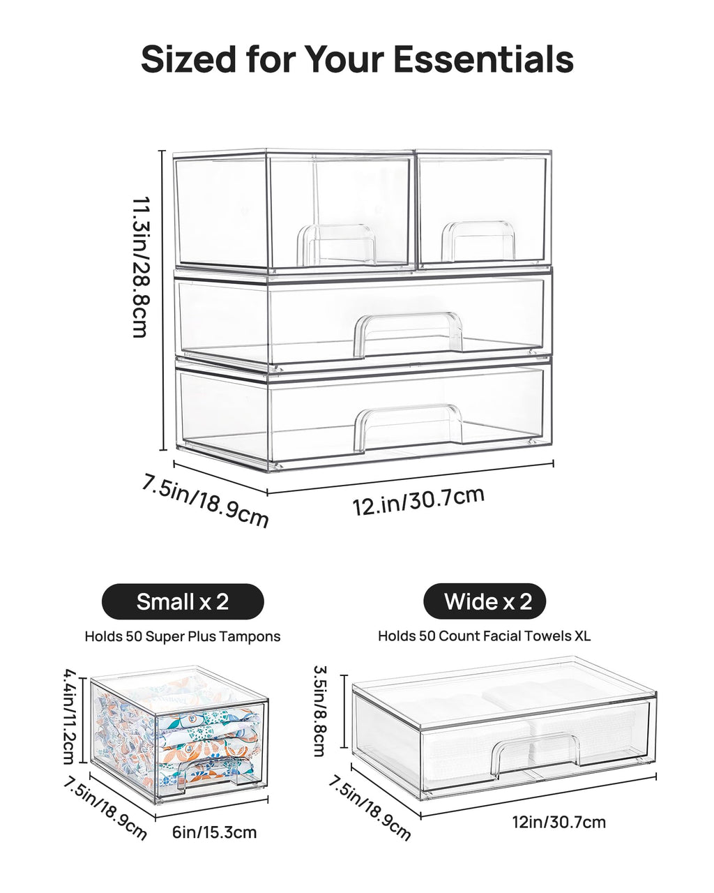 Clear Stackable Storage Drawers Set of 5, Plastic Organizer Bins |