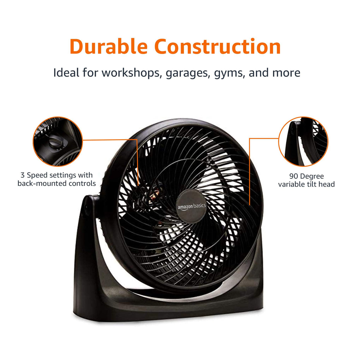 Amazon Basics Air Circulator Desk Fan for Bedroom, Home and Office, 90-Degree Tilt Head, 3 Speed Settings, Cooling, 35 Watts, Black, 11.1"W x 6.3"D x 10.9"H