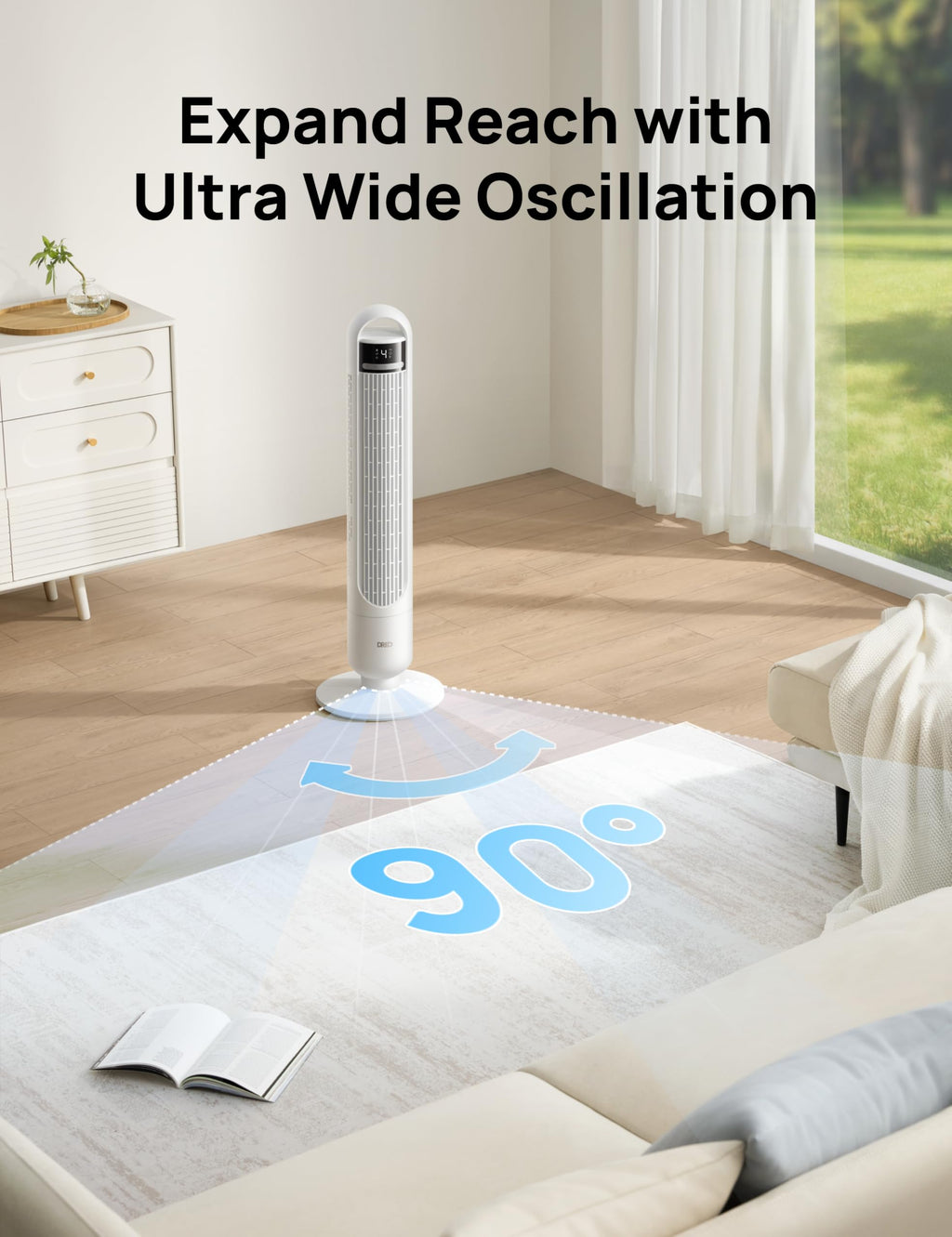 DREO Tower Fan for Bedroom, 25ft/s Velocity, 28dB Ultra Quiet, 4 Speeds
