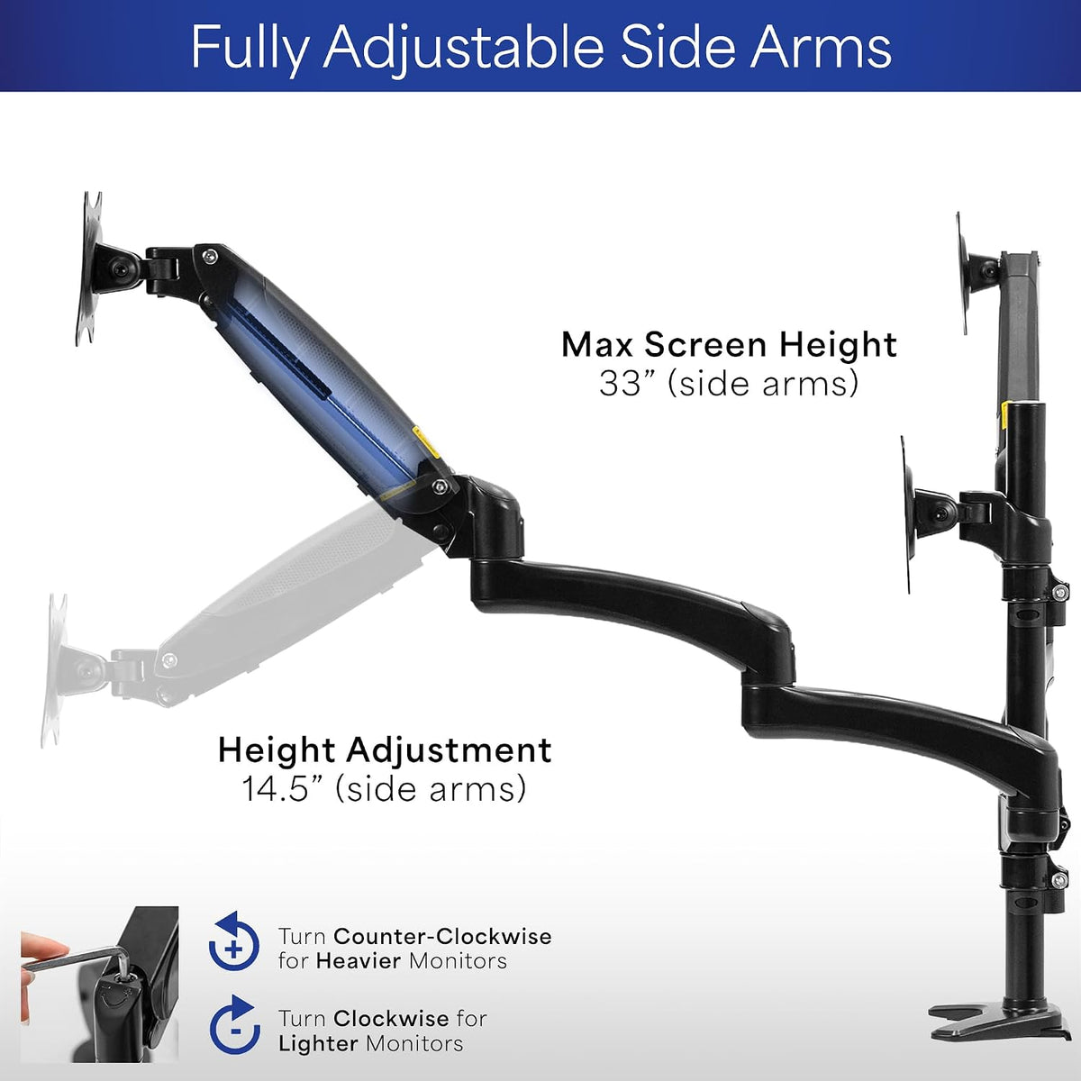 Triple Pneumatic Monitor Mount for 3 Screens up to 32 inches,