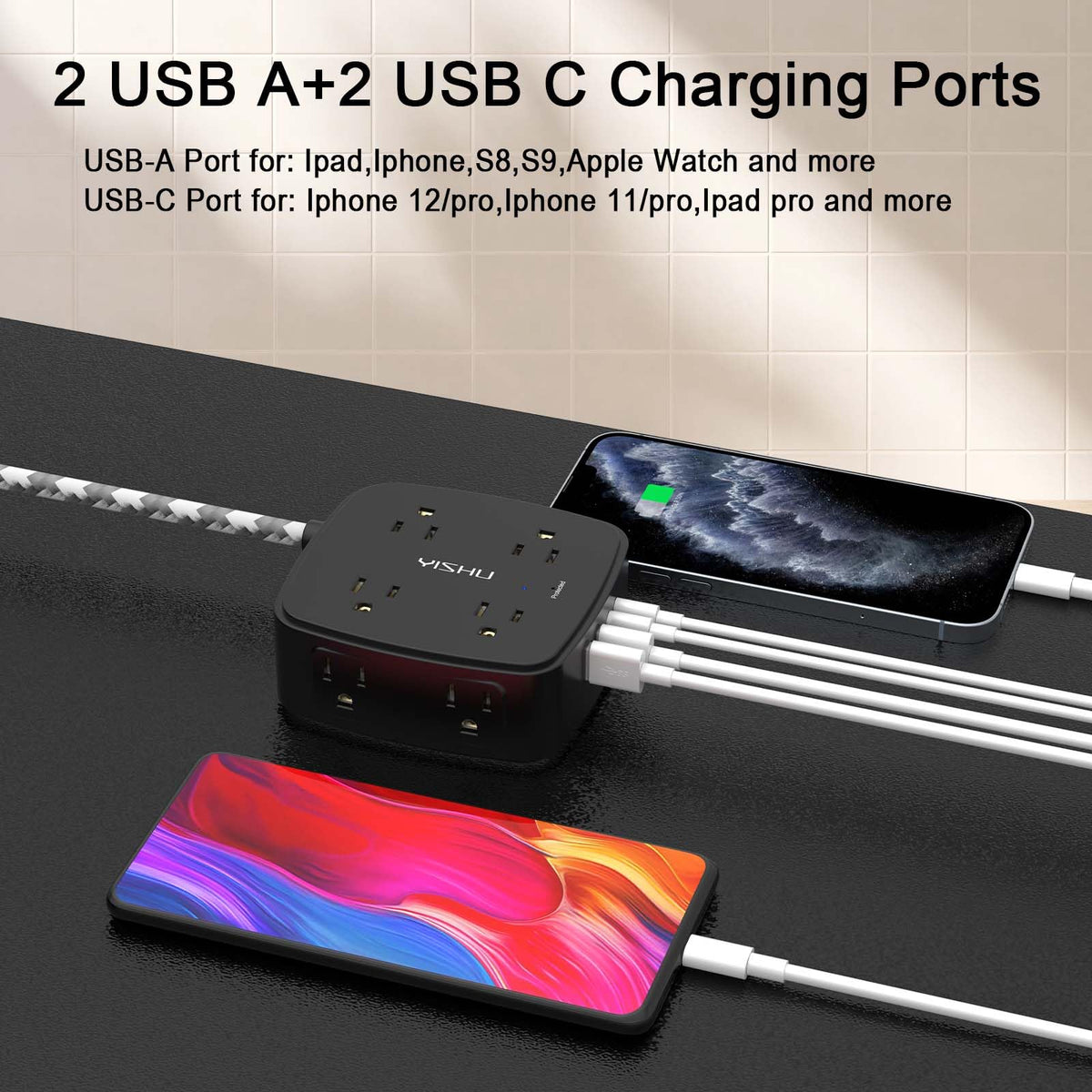 YISHU 6Ft Surge Protector Power Strip with 8 Widely Outlets & 4 USB Ports