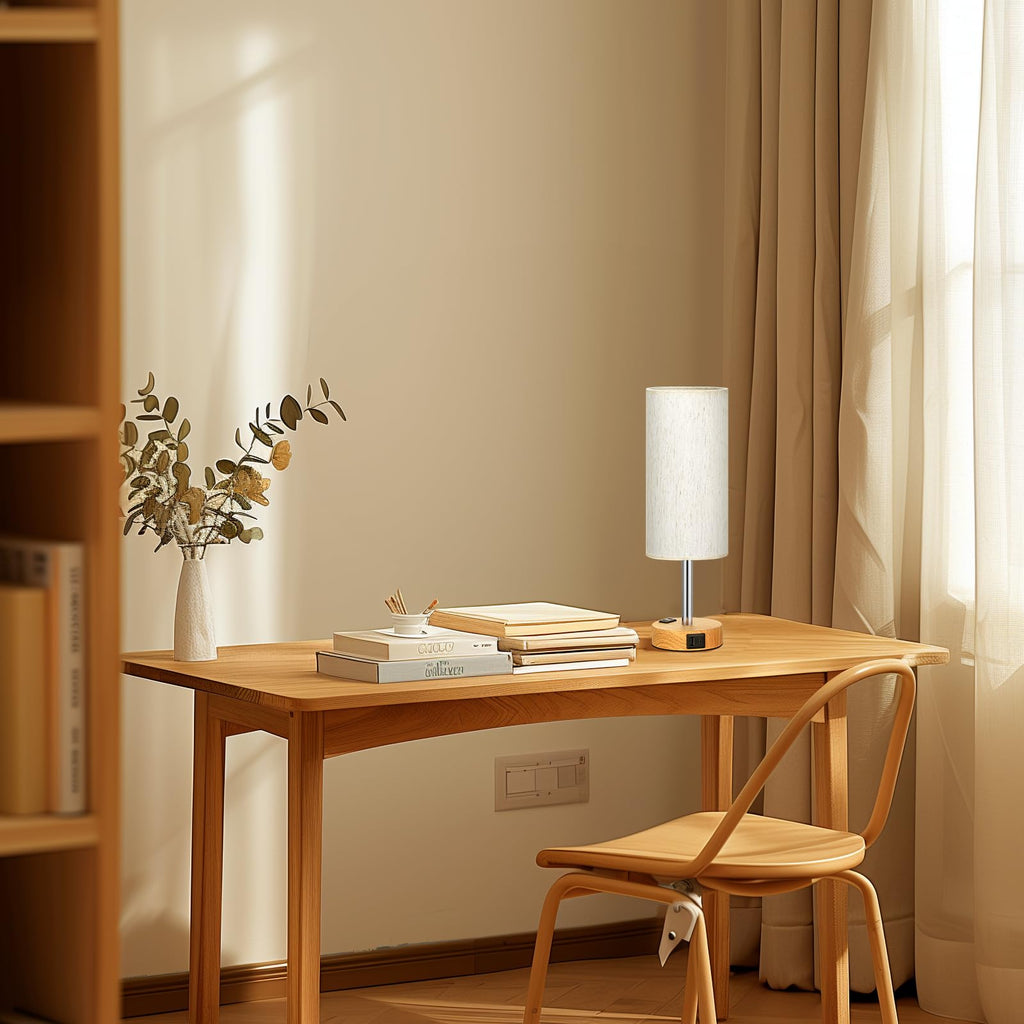 Bedside Table Lamp - Dimmable Touch, Wood-Grain Metal Base