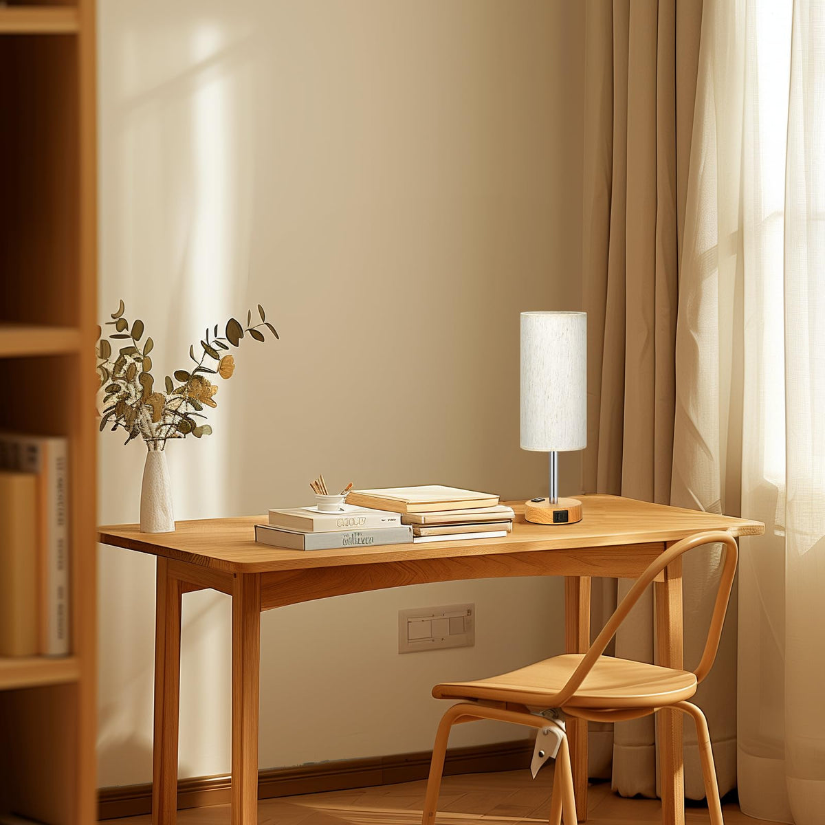 Bedside Table Lamp - Dimmable Touch, Wood-Grain Metal Base