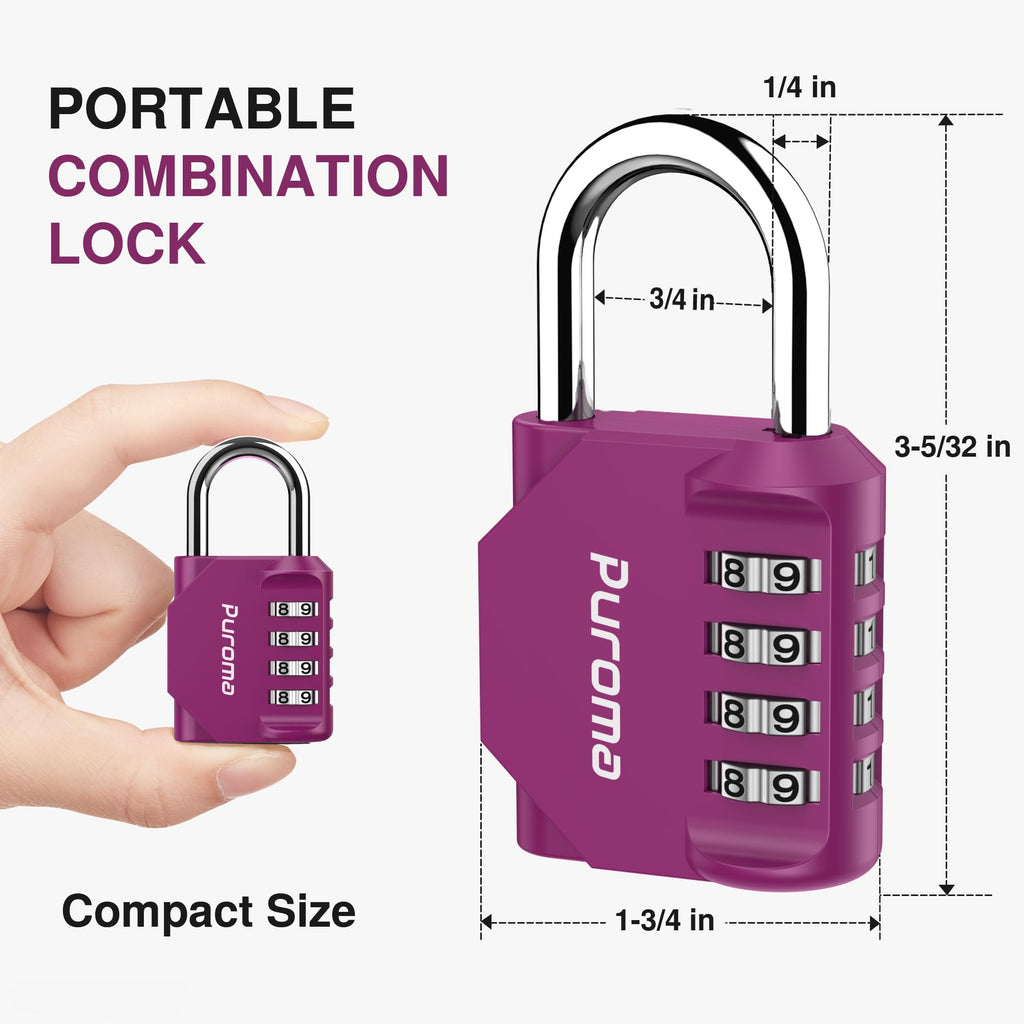 Purple combination lock held by a hand with dimensions displayed on a white background