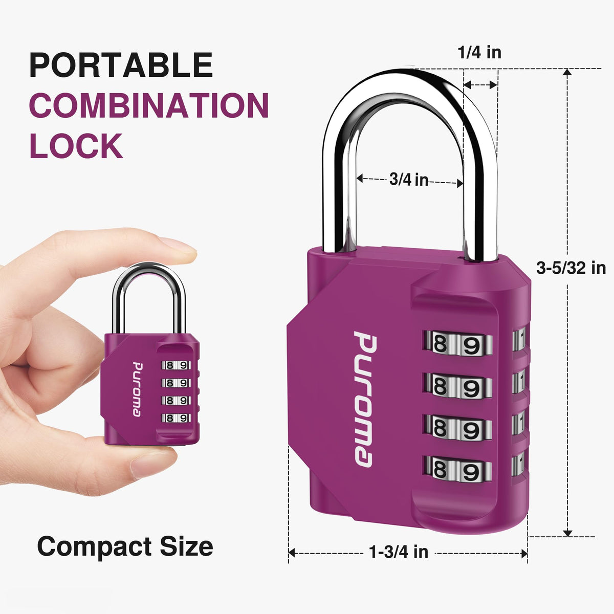 Purple combination lock held by a hand with dimensions displayed on a white background