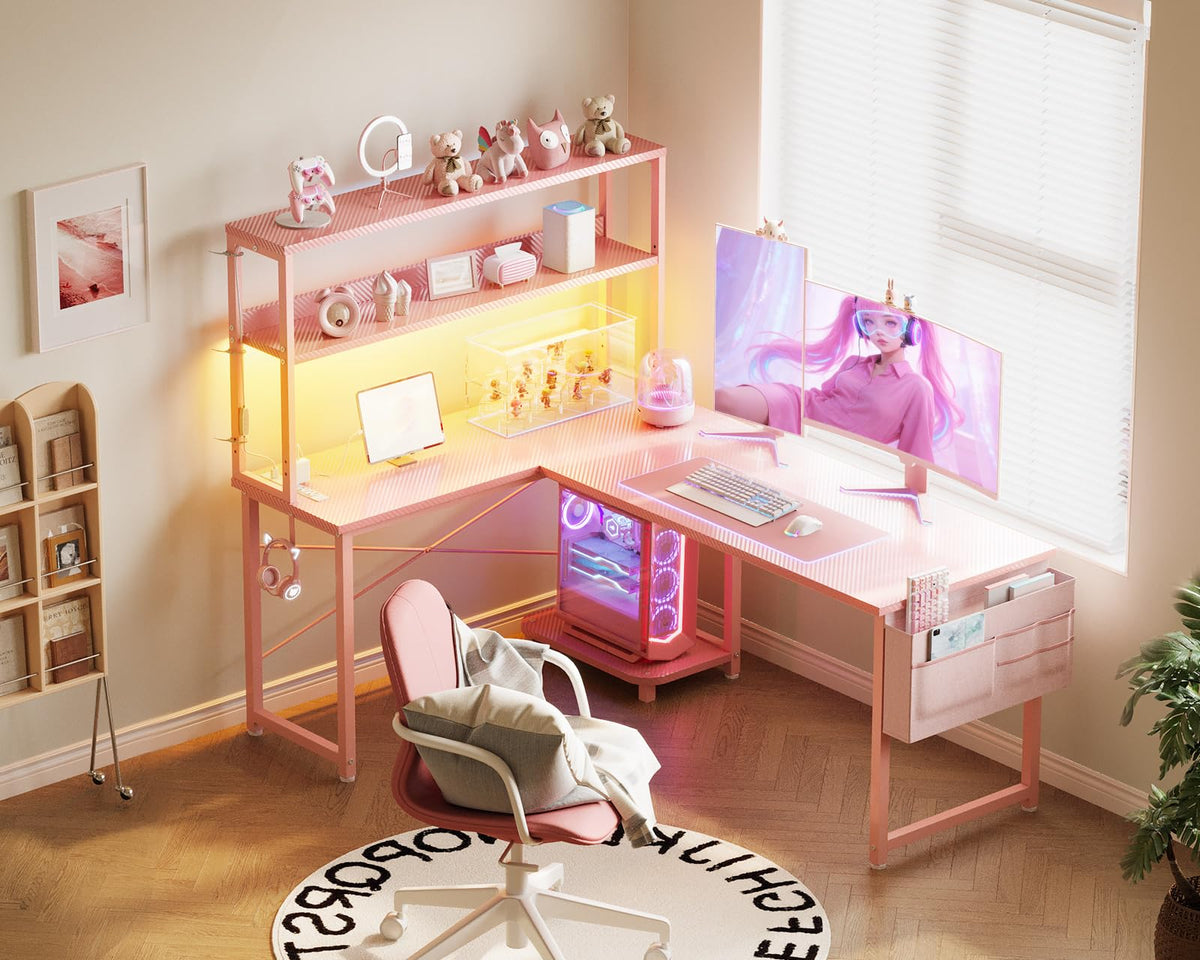 L Shaped Desk Gaming Desk with LED Light & Power Outlet | 53 Inch Home Office
