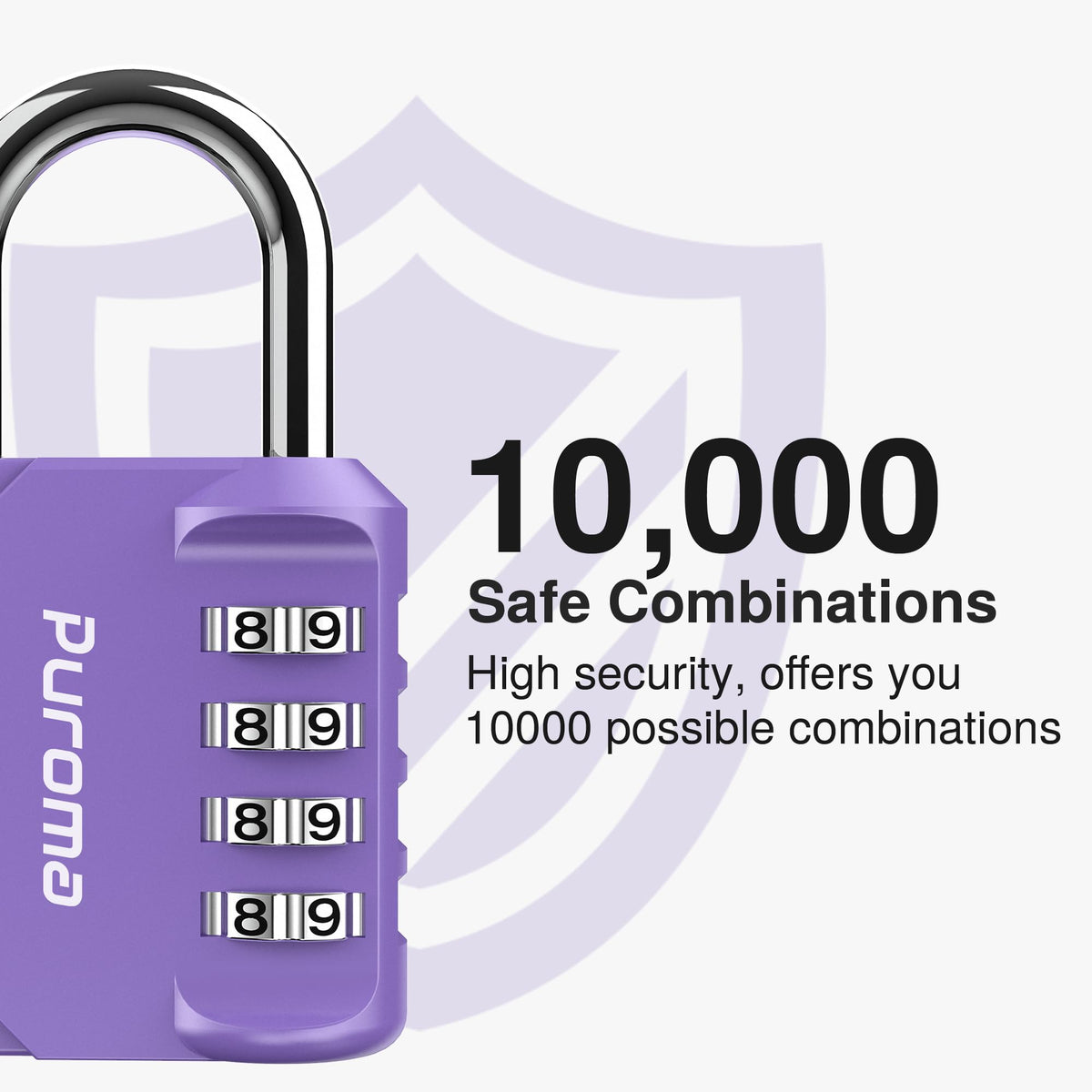 Purple combination lock with 'Puroma' branding and text about safe combinations on a white background.