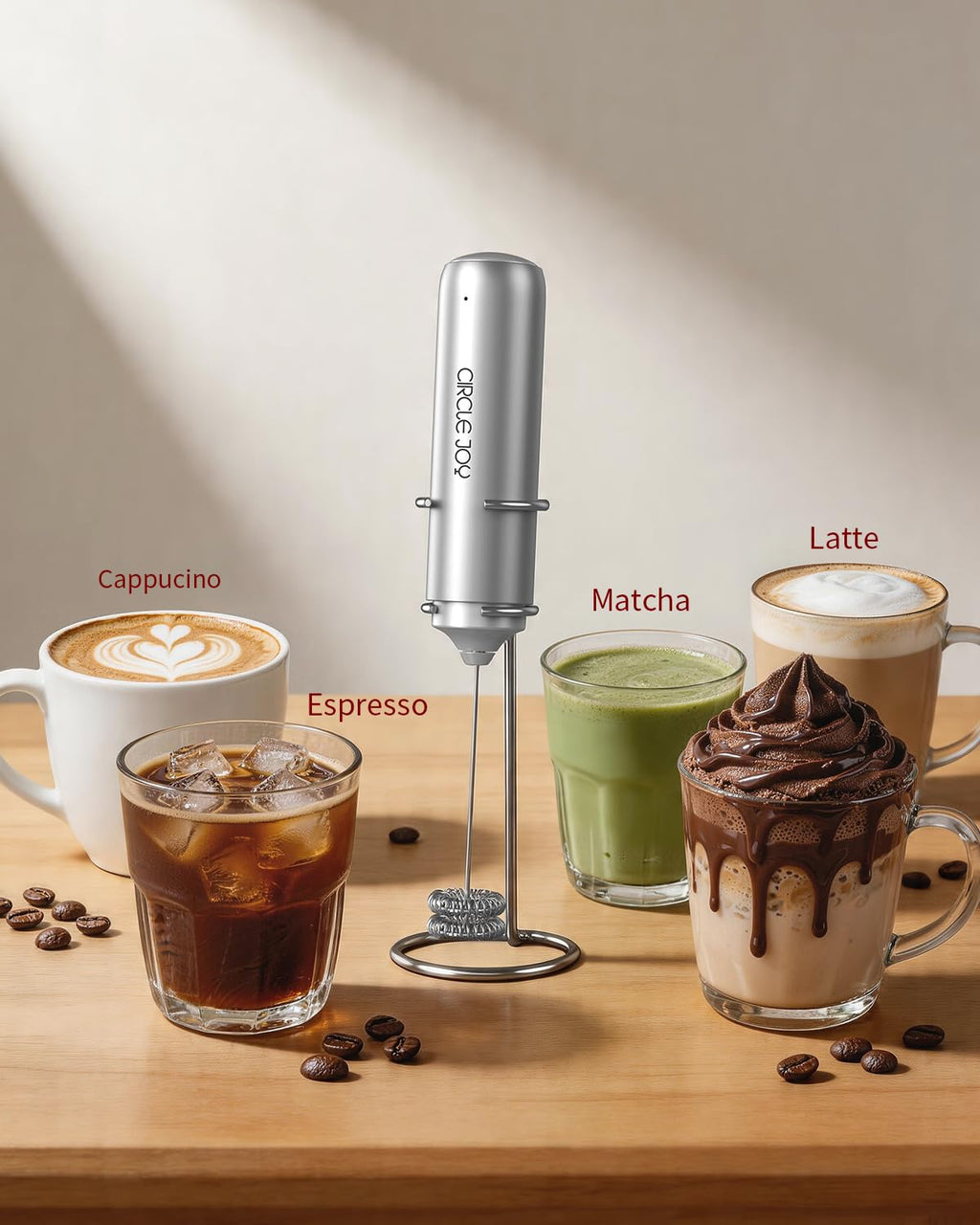CIRCLE JOY Rechargeable Milk Frother Handheld, Dual Coil Whisk Head Electric Coffee Frother, Portable Hand Frother Wand Drink Mixer for Matcha Lattes Cappuccino, Kitchen Gifts, Black
