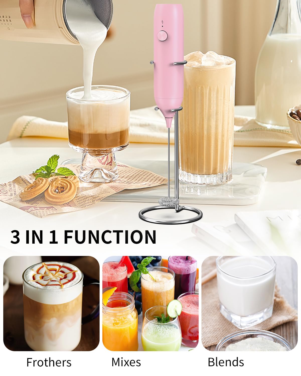 CIRCLE JOY Rechargeable Milk Frother Handheld, Dual Coil Whisk Head Electric Coffee Frother, Portable Hand Frother Wand Drink Mixer for Matcha Lattes Cappuccino, Kitchen Gifts, Black