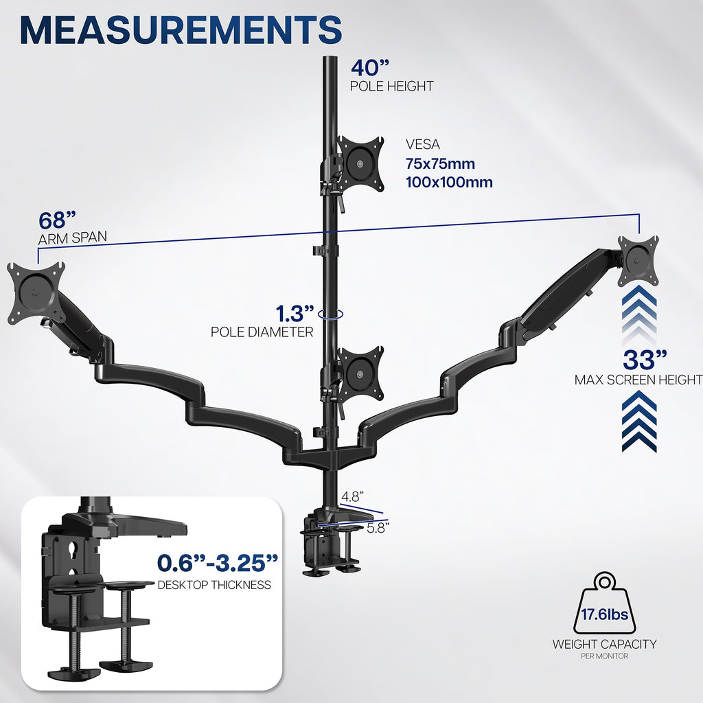 Triple Pneumatic Monitor Mount for 3 Screens up to 32 inches,