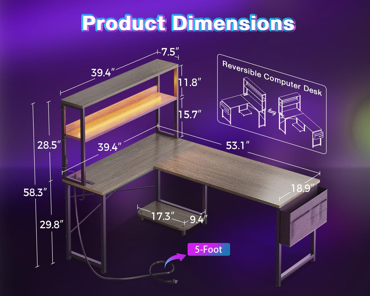 L Shaped Desk Gaming Desk with LED Light & Power Outlet | 53 Inch Home Office