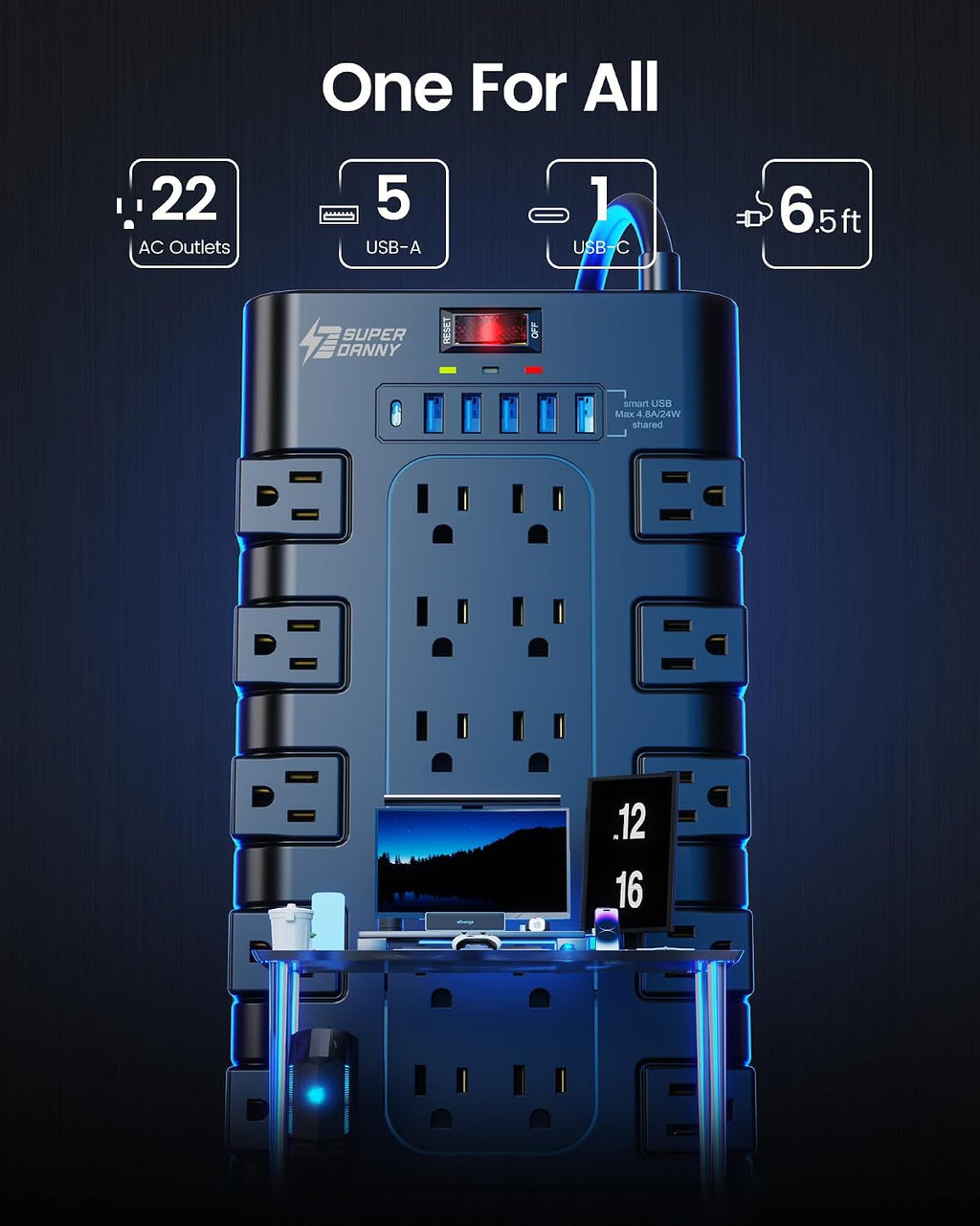 SUPERDANNY Power Strip Surge Protector, 22 AC 6 USB, 2100J, 6.5Ft,1875W/15A