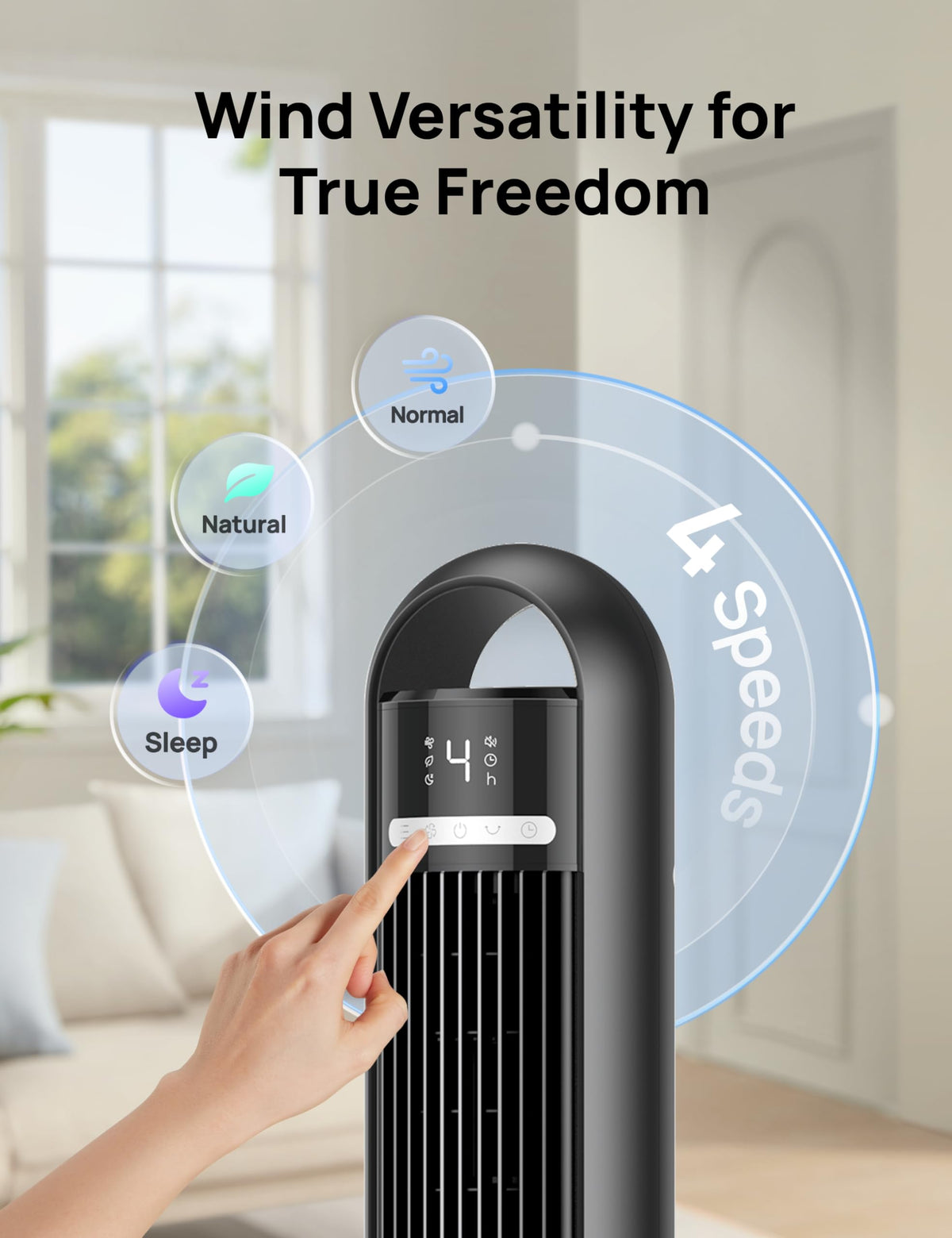 DREO Tower Fan for Bedroom, 25ft/s Velocity, 28dB Ultra Quiet, 4 Speeds