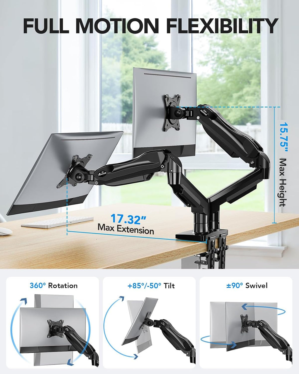 FlowLift™ Dual Monitor Stand, Fully Adjustable Gaming Desk Mount 13–32″ Screens,Each Arm Holds up to 19.8 lbs