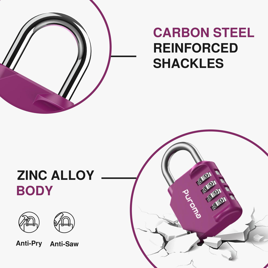 Purple combination lock with carbon steel reinforced shackles and zinc alloy body on a white background.